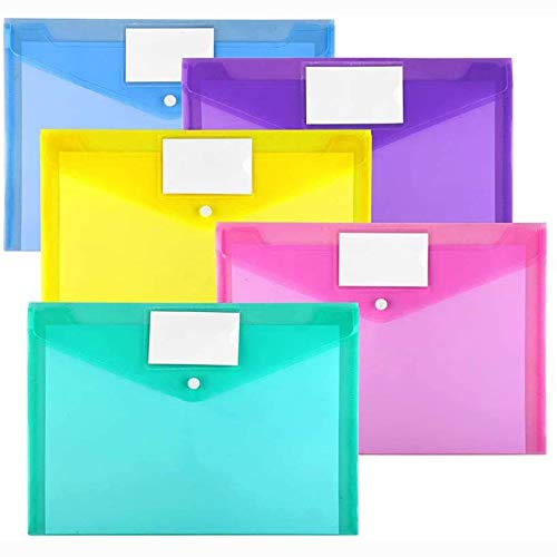 Book Cover 10 Pack Plastic Envelopes Poly Envelopes, Sooez Clear Document Folders US Letter A4 Size File Envelopes with Label Pocket & Snap Button for Home Work Office Organization, Assorted Color