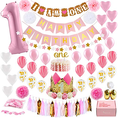 Book Cover 1st Birthday Girl Decorations WITH Birthday Crown- Baby First Birthday Decorations Girl - Pink and Gold Party Supplies - One Balloon, Heart and Confetti Balloons, Happy Birthday Banner ONE Cake Topper