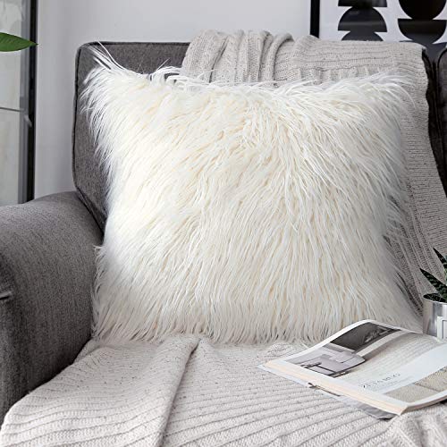 Book Cover Phantoscope Luxury Series Throw Pillow Cover Faux Fur Mongolian Style Plush Cushion Case for Couch Bed and Chair, Off-White, 22 x 22 inches, 55 x 55 cm