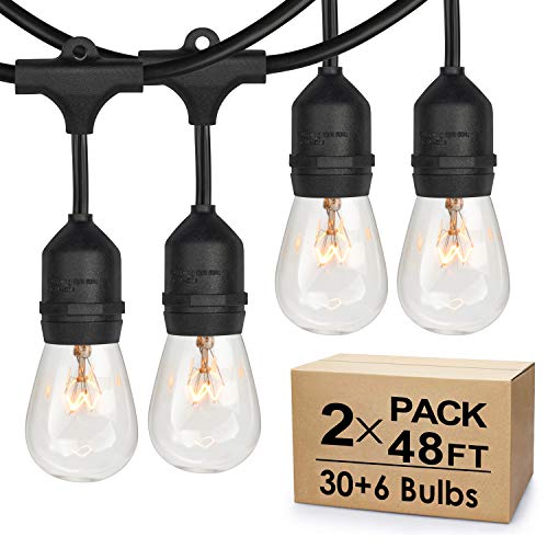 Book Cover 2-Pack Dimmable Outdoor Bistro String Lights for Patio, Waterproof Hanging Vintage 11W Edison Bulbs, 48Ft Commercial Lights String Perfect for Cafe Backyard Pergola, Blk(96ft)