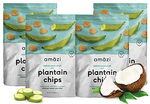 Book Cover Amazi Dried & Roasted Plantain Chips - Salted Coconut Oil Flavor - Organically Grown, Fair Trade, Gluten-Free, Certified Vegan Chips - Paleo Friendly Healthy Snacks - Uses Heart-Healthy Fats - 4 Pack