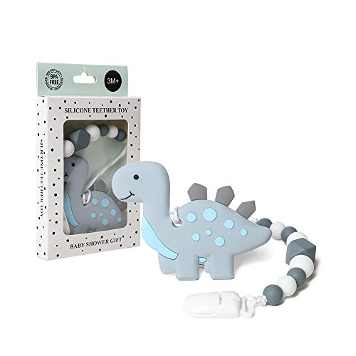 Book Cover AmazingM Dinosaur Teething Pain Relief Toy with Pacifier Clip Holder Set for Newborn Babies,Food Grade BPA Free Silicone Teether,Freezer Safe,Neutral Baby Shower Gift for Boy and Girl