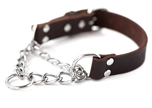 Book Cover Mighty Paw Leather Training Collar, Martingale Collar, Stainless Steel Chain - Premium Quality Limited Chain Cinch Collar. (Medium, Brown)