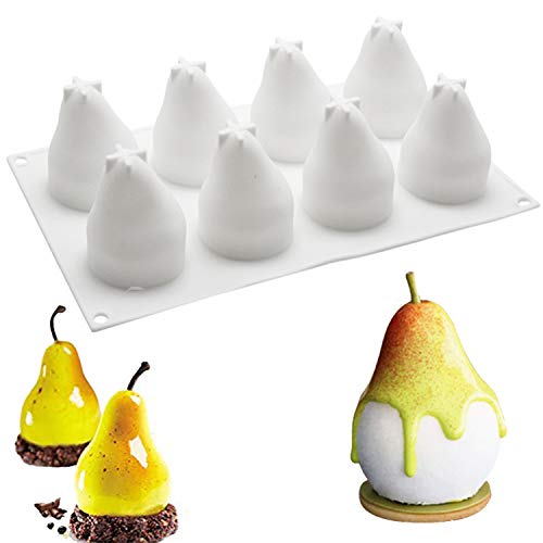 Book Cover 3D Pear Shape Silicone Mold for Baking Mousse Cake, 3D Fruit Silicone Mold for Cakes, French Dessert Mold, Ice Cream Mold, Cake Decorating Mold, Non-Stick & Easy Release, 3D Pear Shaped, 8 Cavities