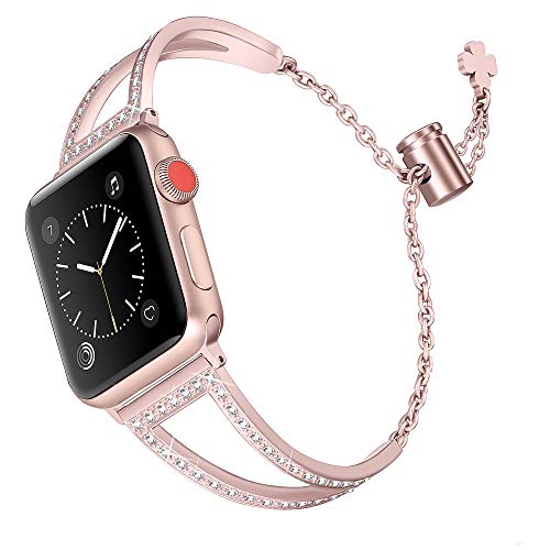 Book Cover Secbolt Bling Bands Compatible with Apple Watch Band 42mm 44mm iWatch SE Series 6/5/4/3/2/1, Women Dressy Metal Jewelry Bracelet Stainless Steel, Rose Gold