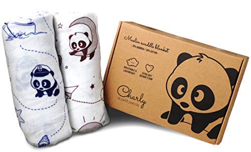 Book Cover Charly Le Petit Panda Bamboo Muslin Swaddling Blankets, Large Breathable Receiving Blankets 2 Pack - Baby Swaddle Blanket 70% Bamboo 30% Cotton