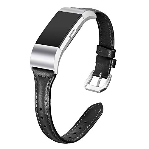 Book Cover bayite Bands Compatible Fitbit Charge 2, Slim Genuine Leather Band Replacement Accessories Strap Charge2 Women Men, Black Small