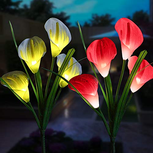 Book Cover TONBUX Outdoor Solar Garden Stake Lights Solar Powered Lights Waterproof Multi-Color Changing LED Solar Landscape Decorative Lights for Patio, Backyard, Pathway (2 Pack Calla Lily, Purple and White)