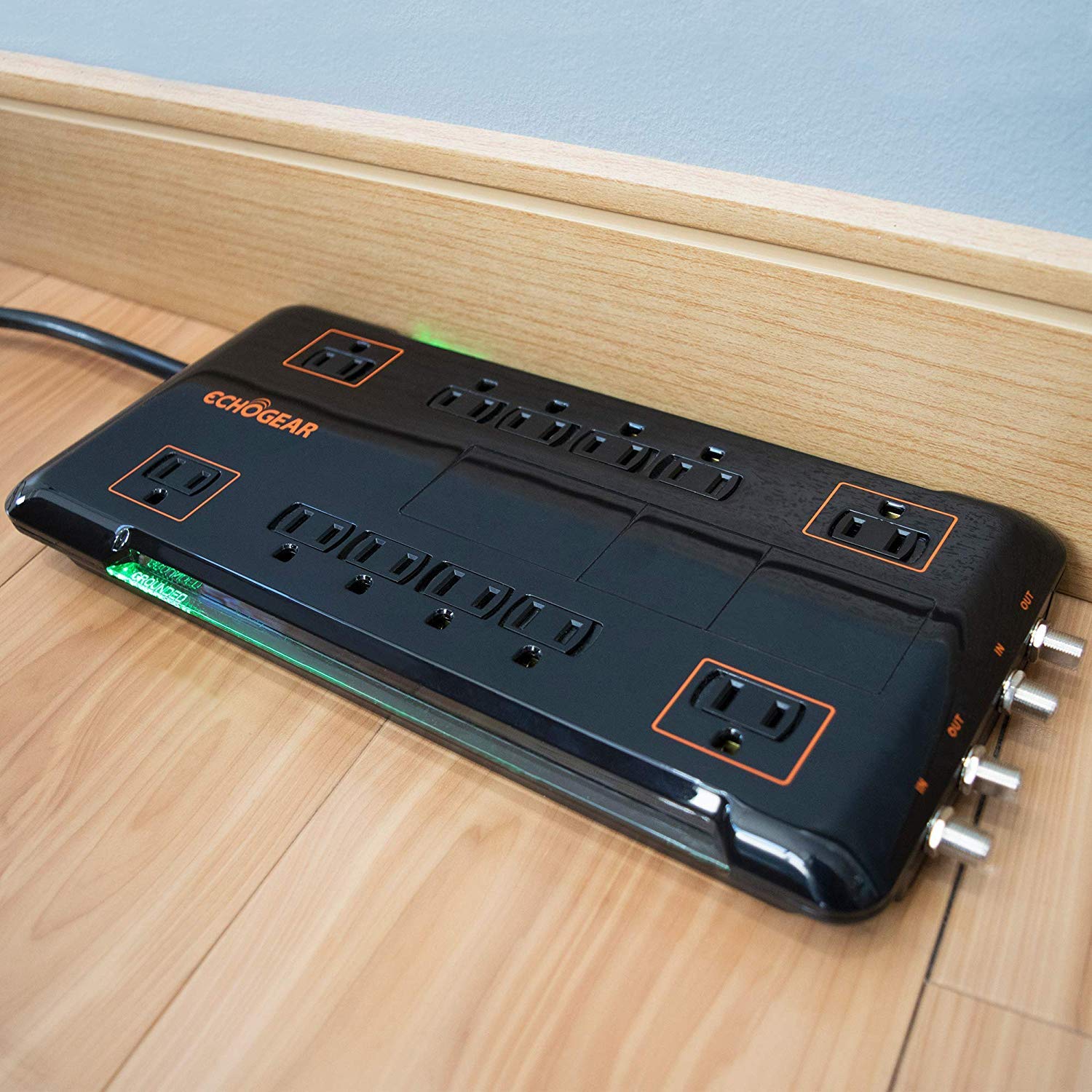Book Cover Echogear 12 Outlet Power Strip Surge Protector with 3420J of The Best Surge Suppression - Includes Sliding Safety Covers, 2 Pairs of Coax Connectors, Hanging Slots for Wall Mounting