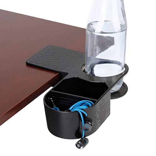 Book Cover ENHANCE Cup Holder Clip on Desktop Clamp with Organizer Tray- Drink, Snacks and Accessory Storage with Reinforced Clamp and Removable Divider- Holds Phones, Office Supplies- Ideal for Desks or Tables