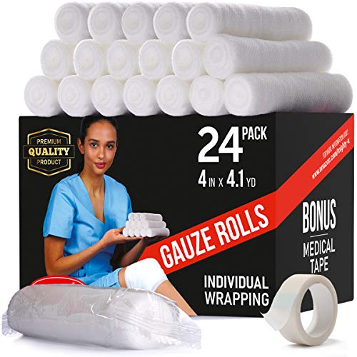 Book Cover Premium Gauze Bandage Roll - 24 Pack - Gauze Roll (4 inches x 4.1 Yards) - Gauze Wrap + Bonus Medical Tape
