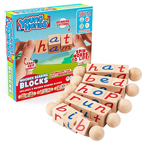 Book Cover Wooden Reading Blocks | [5] Sets of Fun, Educational Spinning Alphabet Manipulative Blocks for Children w/ Easy-Grip Handles | STEM & Montessori Approved Toy for Pre-Kindergarten Boys & Girls Gift