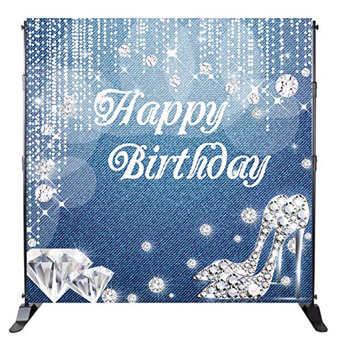 Book Cover Mocsicka Denim Diamonds Happy Birthday Backdrop Crystal Shoes Birthday Party Banner Decoration 8x8ft Vinyl Woman Birthday Party Background Photo Studio Props