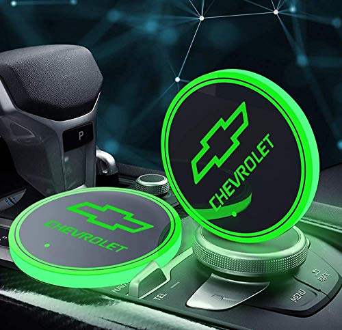 Book Cover LED Car Cup Holder Lights, Car Logo Coaster with 7 Colors Changing USB Charging Mat, Luminescent Cup Pad Interior Atmosphere Lamp Decoration Light for Chevrolet (2 PCS)