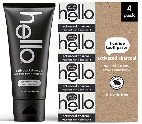 Book Cover Hello Activated Charcoal Epic Teeth Whitening Fluoride Toothpaste, Fresh Mint and Coconut Oil, Vegan, SLS Free, Gluten Free and Peroxide Free, 4 Ounce (Pack of 4)