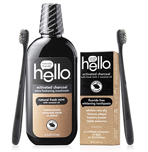 Book Cover Hello Oral Care Activated Charcoal Fluoride Free and SLS Free Whitening Toothpaste Starter Kit with Extra Freshening Mouthwash and 2 Charcoal Bristle BPA-Free Toothbrushes