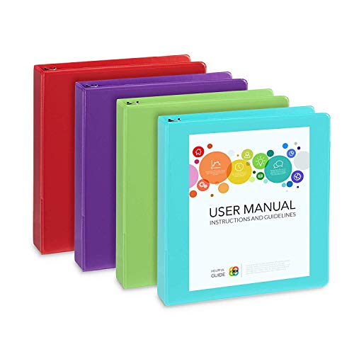 Book Cover 4 Pack 1.5 Inch 3 Ring Binders, Rugged Design for Home, Office, and School, Designed for of 8.5 Inch x 11 Inch Paper, Red, Purple, Aqua, Lime Green, 4 Binder Assorted Pack, Made in USA