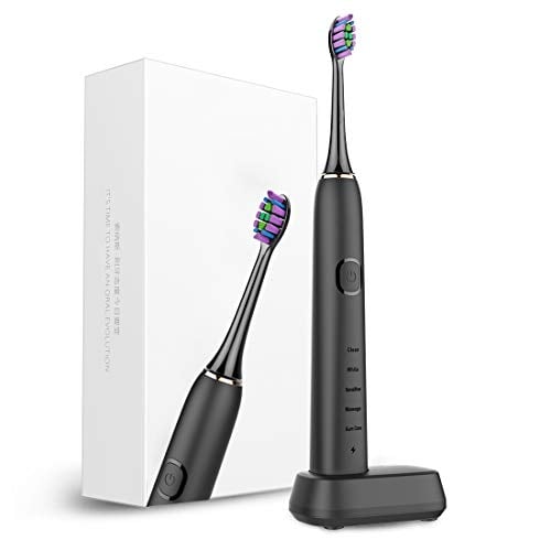 Book Cover Electric Toothbrush - USB Rechargeable Sonic Toothbrush with Smart Timer - Deep Clean, 2 Replacement Heads, 5 Brushing Modes (Clean, White, Sensitive, Massage, Gum Care) for Home and Travel - Black