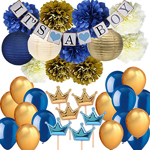 Book Cover Navy Blue Baby Shower Party Decorations-It's A BOY Banner Tissue Pom Pom Paper Lanterns Balloons with Crown Cupcake Toppers Picks for Royal Prince Baby Shower Nautical Baby Shower 1st Birthday Decor