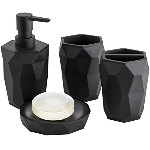 Book Cover MyGift 4-Pc Geometric Black Ceramic Bathroom Set with Soap Dispenser, Toothbrush Holder, Tumbler, Soap Dish