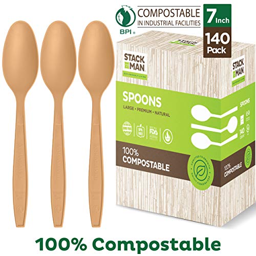 Book Cover Stack Man 100% Compostable Plastic Silverware, Large Premium Heavy-Duty Flatware Utensils Eco Friendly BPi Certified, 6.5 Inch, Organic Natural Wood Color Tableware