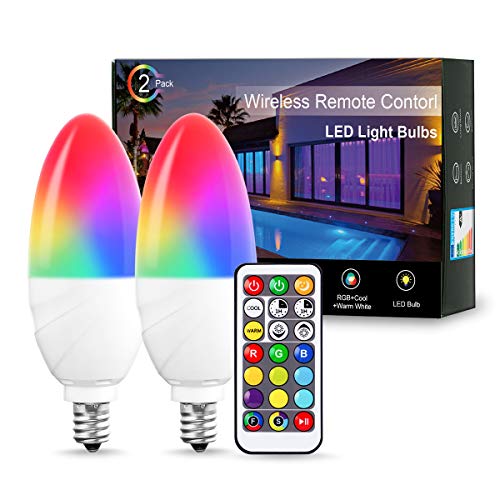 Book Cover JandCase Candelabra Color Changing Light Bulb, RGBW Bulbs with Remote Control, 5W, 50W Equivalent, Dimmable, 350LM, 2700k-6500k, E12 Base, Ideal for Home Decoration, Halloween, Party, 2 Pack