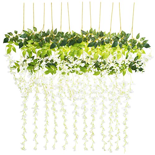 Book Cover Emivery 12 Pack Wisteria Artificial Flowers - 3.7 Feet/Pc Hanging Floral Garland Fake Silk Flowers, 12 Faux Vines, Perfect Decor, (WHITE)