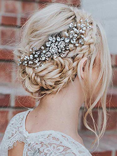 Book Cover Barogirl Bride Hair Comb Wedding Rhinestones Headpiece Boho Bridal Flower Hair Accessories for Women (Silver)
