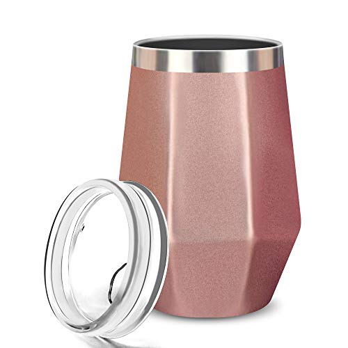 Book Cover Wine Tumbler, FlatLED Insulated Wine Glass, Stainless Steel Stemless Vacuum Outdoor Wine Glasses with Lid, 12OZ, Unbreakable, Portable, Perfect for Home, Travel, Office or Camping, (Rose Gold)