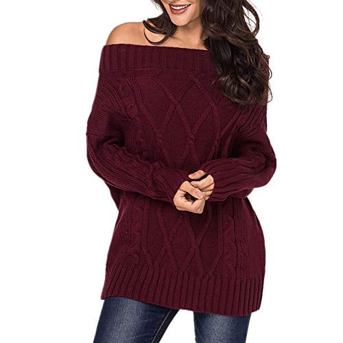 Book Cover EXLURA Women's Sexy Off Shoulder Long Sleeve Loose Cable Knit Pullover Sweater
