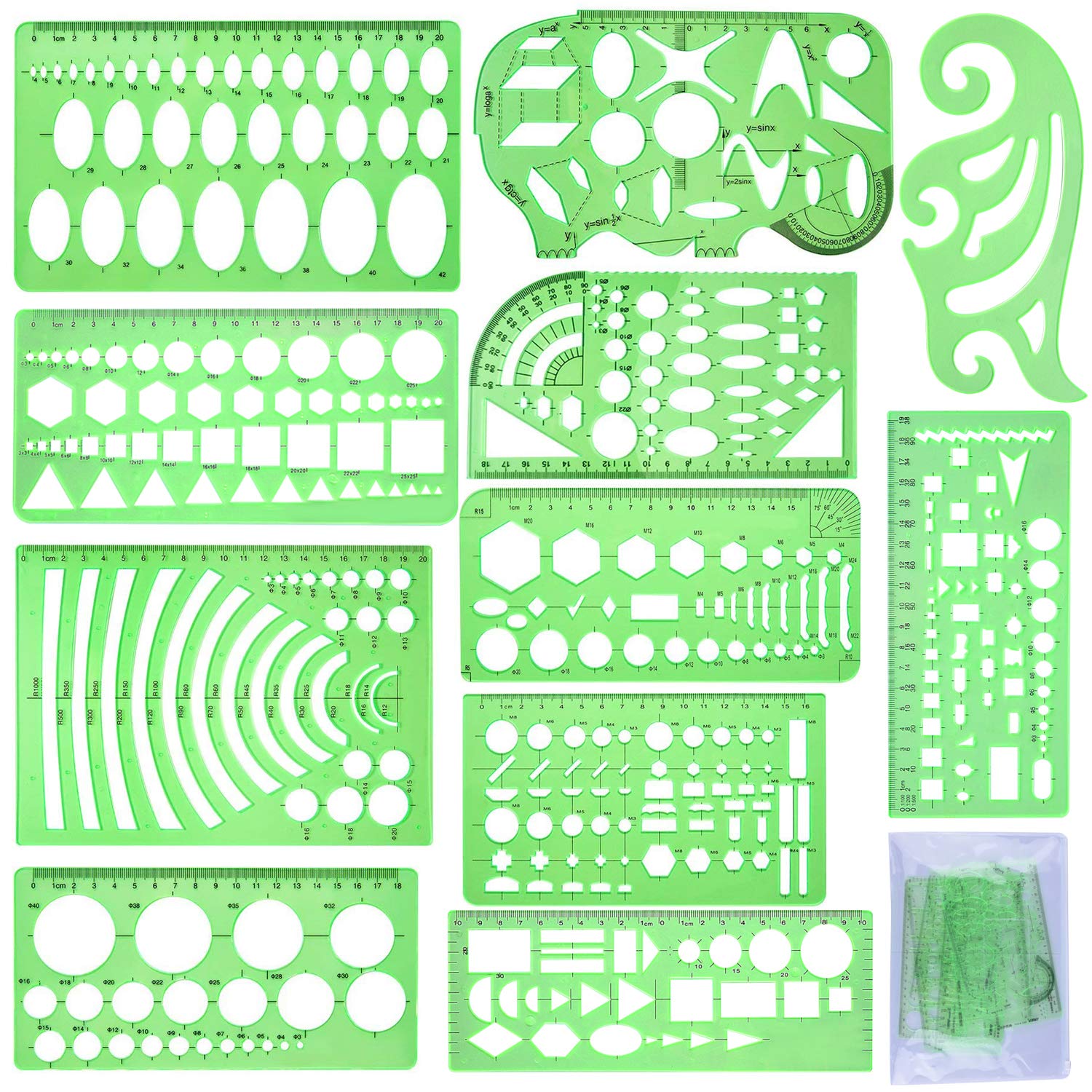 Book Cover SIQUK 11 Pieces Geometric Drawings Templates Plastic Clear Green Plastic Rulers with 1 Pack Poly Zipper Envelopes for Studying, Designing and Building