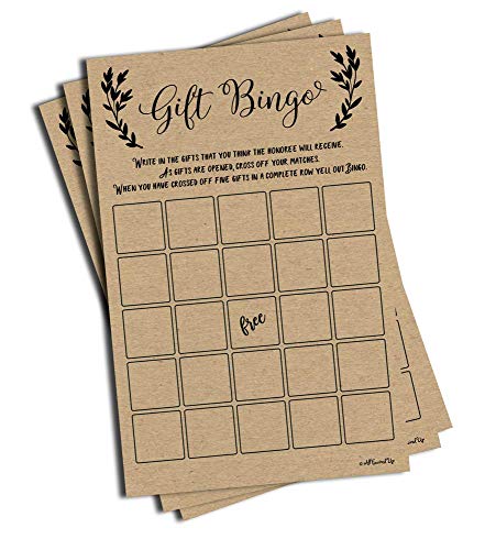 Book Cover 50 Gift Bingo Bridal or Baby Shower Game Kraft Rustic Wedding Bridal Shower Engagement Bachelorette Anniversary Party Game Ideas Bulk Vintage Blank Squares to Fill in Gift Ideas (Large Sheet Size)