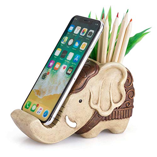 Book Cover Pen Pencil Holder with Phone Stand, Coolbros Resin elephant Shaped Pen Container Cell Phone Stand Carving Brush Scissor Holder Desk Organizer Decoration for Office Desk Home Decorative (Retro Brown)