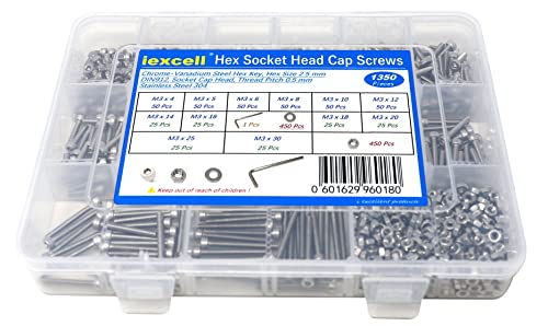 Book Cover iexcell 1350 Pcs Metric M3 x 4/5/6/8/10/12/14/16/18/20/25/30 Stainless Steel 304 Hex Socket Head Cap Screws Blots Nuts Washers Assortment Kit