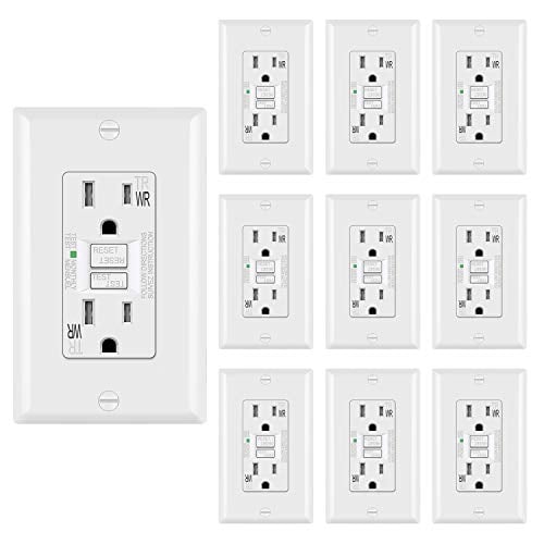 Book Cover [10 Pack] BESTTEN 15A WR GFCI Outlets, Slim Outdoor Weather Resistant GFIs, Tamper Resistant Receptacles with LED Indicator, TR Ground Fault Circuit Interrupter with Decor Wall Plate, UL Listed, White