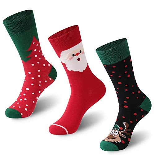 Book Cover Christmas Printed Socks, FOOTPLUS Cotton Fun Holiday Crew Socks, 3/5 Pairs