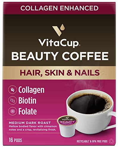 Book Cover VitaCup Beauty Collagen Coffee Pods for Hair, Skin & Nails, with Biotin & Folate, Medium Dark Roast, Keto Friendly, Recyclable Single Serve Pod Compatible with Keurig K-Cup Brewers,16 Ct
