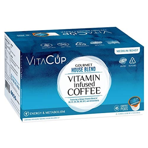 Book Cover VitaCup Gourmet House 45 ct. Top Rated Coffee Cups Infused With Essential Vitamins B12, B9, B6, B5, B1, and D3, Pods Compatible with K-Cup Brewers including Keurig 2.0