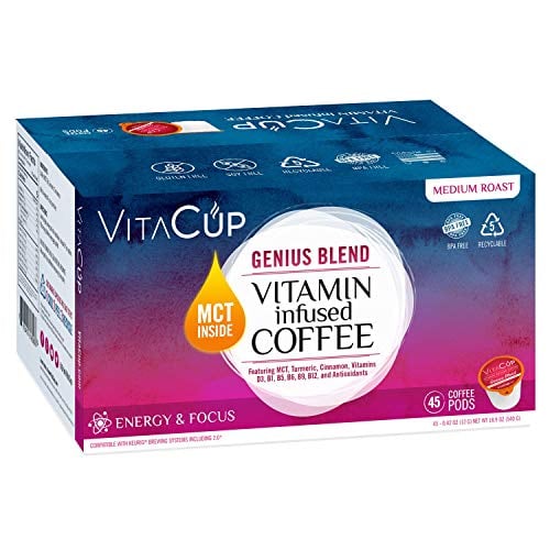Book Cover VitaCup Genius Coffee Pods 45 ct with MCT, Turmeric, Vitamins, Cinnamon, Keto|Paleo|Whole30 Friendly, B12, B9, B6, B5, B1, D3, Compatible with K-Cup Brewers Including Keurig 2.0, Top Rated Cups