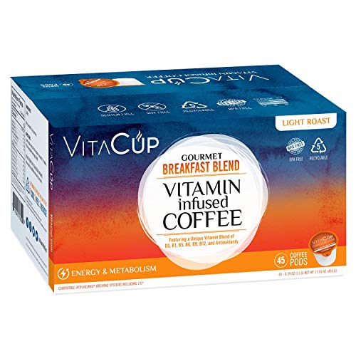 Book Cover VitaCup Gourmet Breakfast 45 ct. Coffee Pods Infused With Essential Vitamins B12, B9, B6, B5, B1, and D3, Pods Compatible with K-Cup Brewers including Keurig 2.0