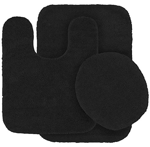 Book Cover Linen Plus 3pc Solid Non Slip Bath Rug Set for Bathroom U-Shaped Contour Rug, Mat and Toilet Lid Cover New # Mary (Black)