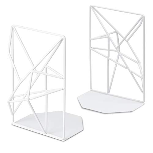 Book Cover SRIWATANA Bookends White, Decorative Metal Book Ends Supports for Shelves, Unique Geometric Design(1 Pair/2 Pieces)