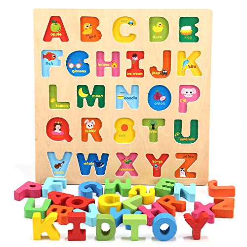 Book Cover Jamohom Wooden Alphabet Puzzle, ABC Letter Puzzles for Toddlers 1 2 3 Years Old, Educational Learning Toys for Toddlers, Alphabet Toys with Puzzle Board & Letter Blocks, Best Gifts for Boys and Girls