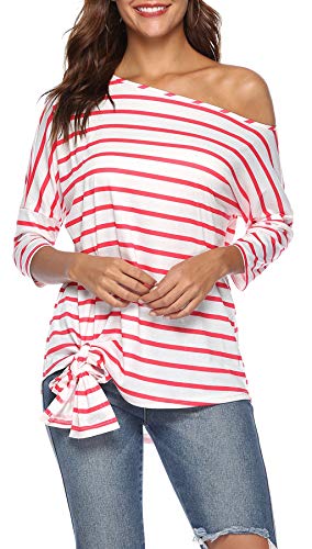 Book Cover FALLINLOVE Womens Off The Shoulder Tops 3/4 Sleeve Striped Tie Knot Casual Loose Shirts Blouse Tops