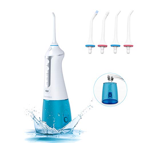 Book Cover Water Flosser Cordless, TUREWELL Portable Oral Irrigator IPX7 Waterproof 3 Modes Water Flossing with 4 Jet Tips and 300ml Reservoir for Travel and Family Use, Kids and Adults