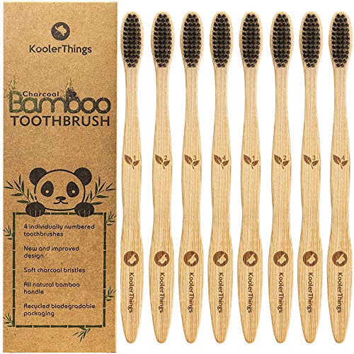 Book Cover 8 Pack - Biodegradable Natural Charcoal Bamboo Toothbrushes (Two Packs of 4 | BPA Free Soft Bristles | Biodegradable, Compostable, Eco Friendly, Natural, Organic, Vegan, Kooler-Things