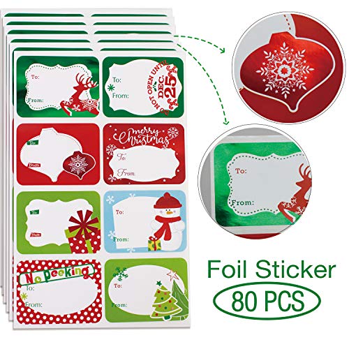 Book Cover 80-Count Foil Christmas Gift Tags Sticker，8 Jumbo Designs - Xmas to from Christmas Stickers Name Tags Write On Labels - Holiday Present Labels