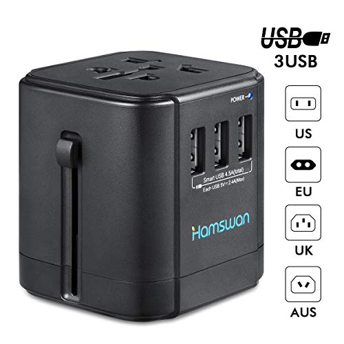 Book Cover Universal Travel Adapter, HAMSWAN All-in-One BST-622A World Travel Adapter with 4.5A 3 USB Ports for US EU UK AU & Asian Countries, 150+ Countries, Travel Pouch