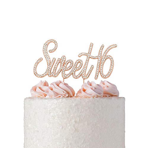 Book Cover Sweet 16 Cake Topper | Rose Gold Sweet Sixteen Rhinestone Cake Topper | 16th Birthday Party Decorations | Premium Sparkly Bling Crystal Diamond Rhinestone Gems | Quality Metal Alloy | (Sweet 16 Rose)