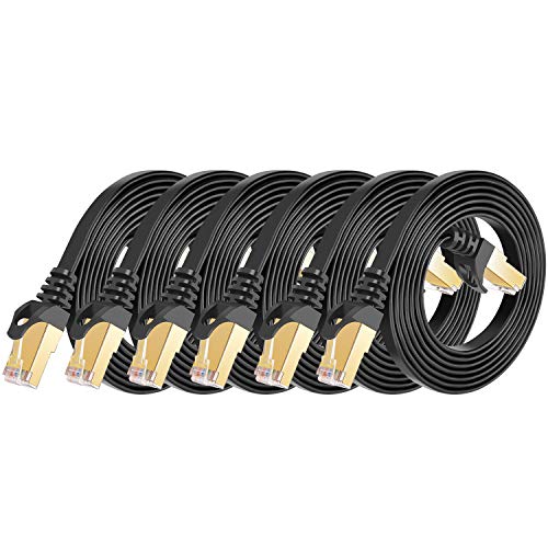 Book Cover Cat 7 Shielded Ethernet Cable 5 ft 6 Pack Black (Highest Speed Cable) Cat7 Flat Ethernet Patch Cables - Internet Cable for Modem, Router, LAN, Computer - Compatible with Cat 5eï¼ŒCat 6 Network